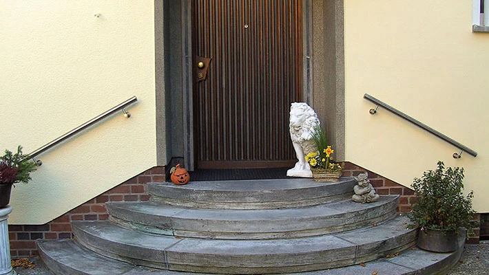 Zwei kurze Edelstahl-Handläufe beidseitig einer geschwungenen Eingangstreppe vor einer Haustür