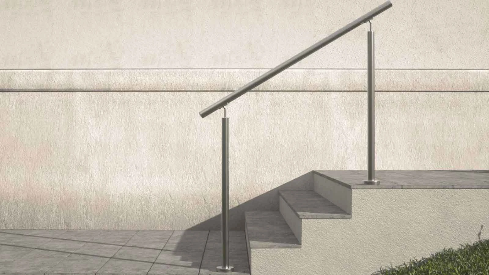 Rendering eines freistehenden Edelstahl-Handlaufs mit zwei Pfosten und runden Bodenplatten an einer Außentreppe vor einer Putzwand