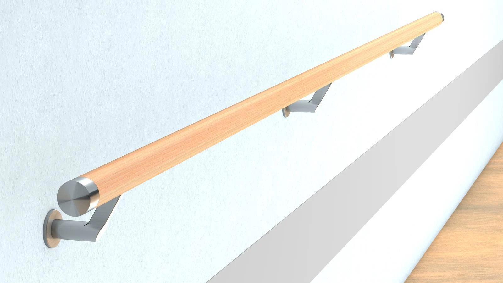 Rendering eines Buche-Handlaufs mit Edelstahl-Endkappe und drei Edelstahlträgern an einer weißen Wand über einem Holzboden